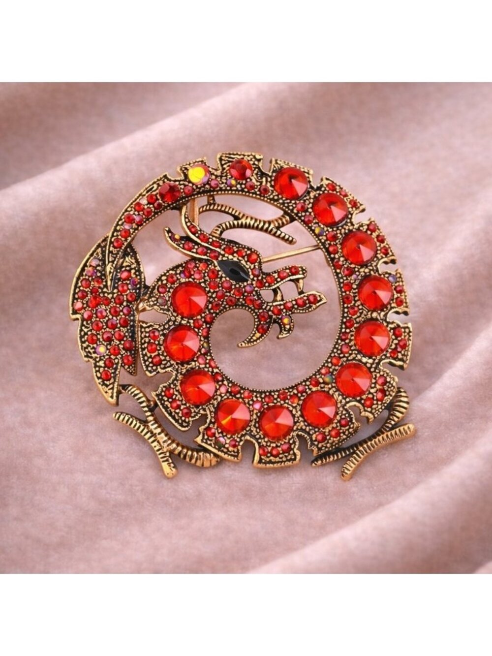 Red Dragon Crystal Gold Brooch